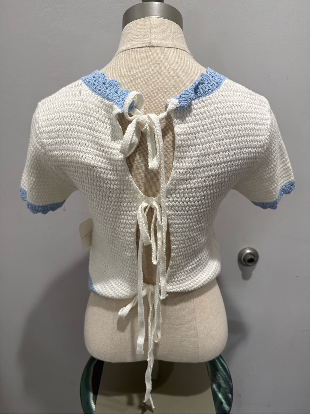 Altar'd State Cream Knit Top with Light Blue Scalloped Trim